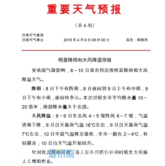 济南发布重要天气预报！降雨大风齐袭 气温骤降至2 ℃