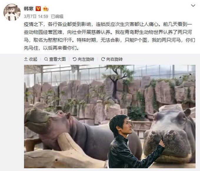 特殊时期P图合影?韩寒认养两头河马 韩寒、憨憨、汗汗傻傻分不清楚