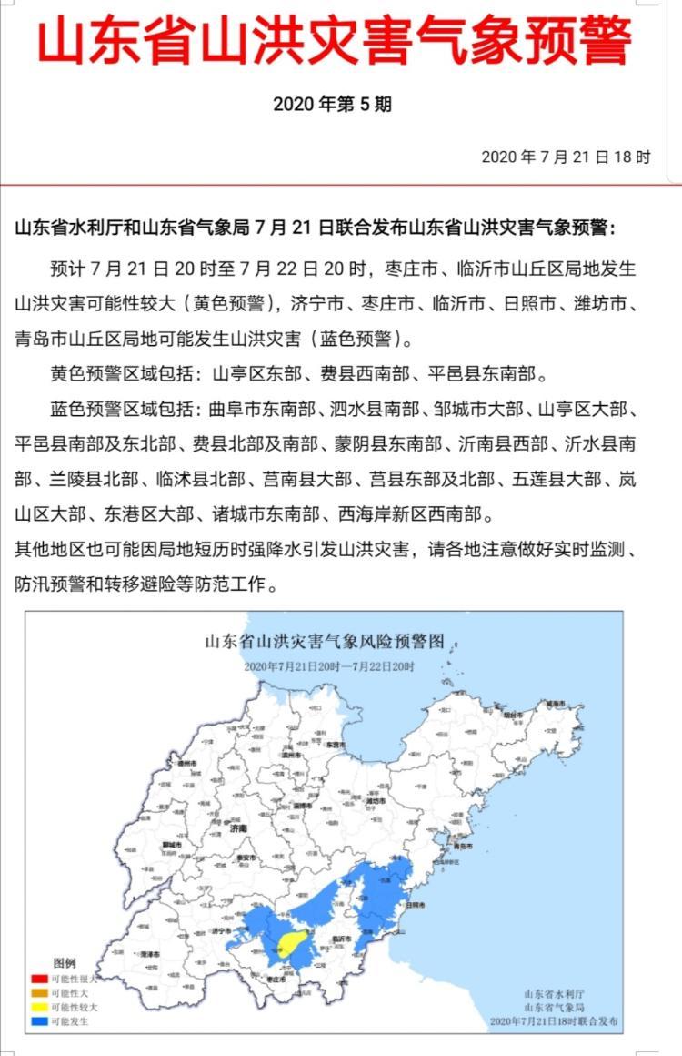 三预警齐发！22日山东多地大暴雨 8市或有山洪