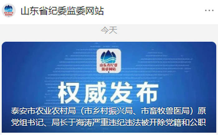 泰安市农业农村局原党组书记、局长于海涛被“双开”