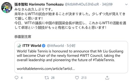 国乒众将齐贺刘国梁担任WTT理事会主席 网友：众望所归