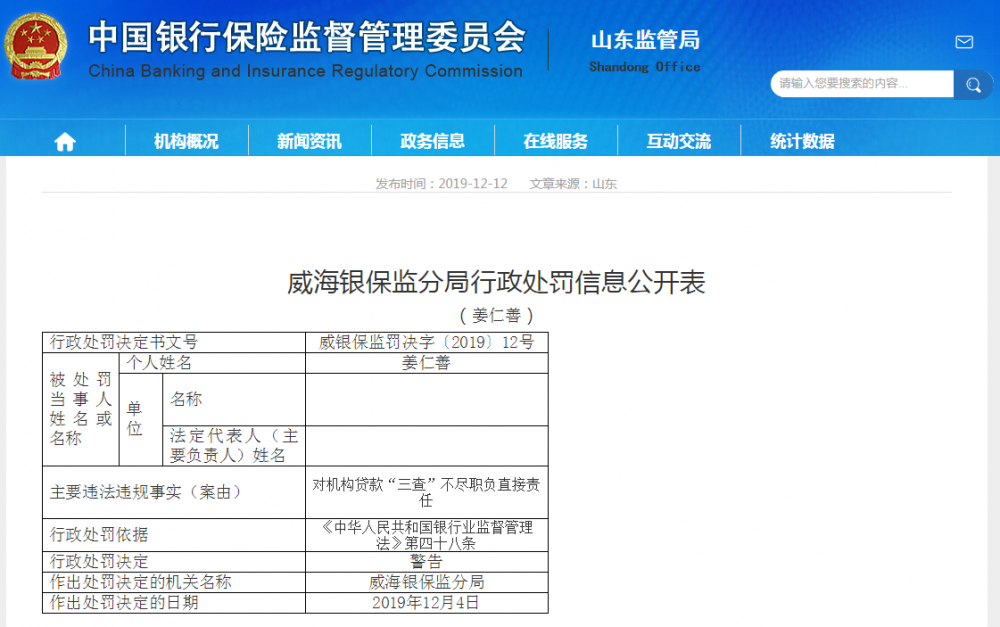 威海农商银行连吃4张罚单 原董事长丁新强等多位高管遭警告