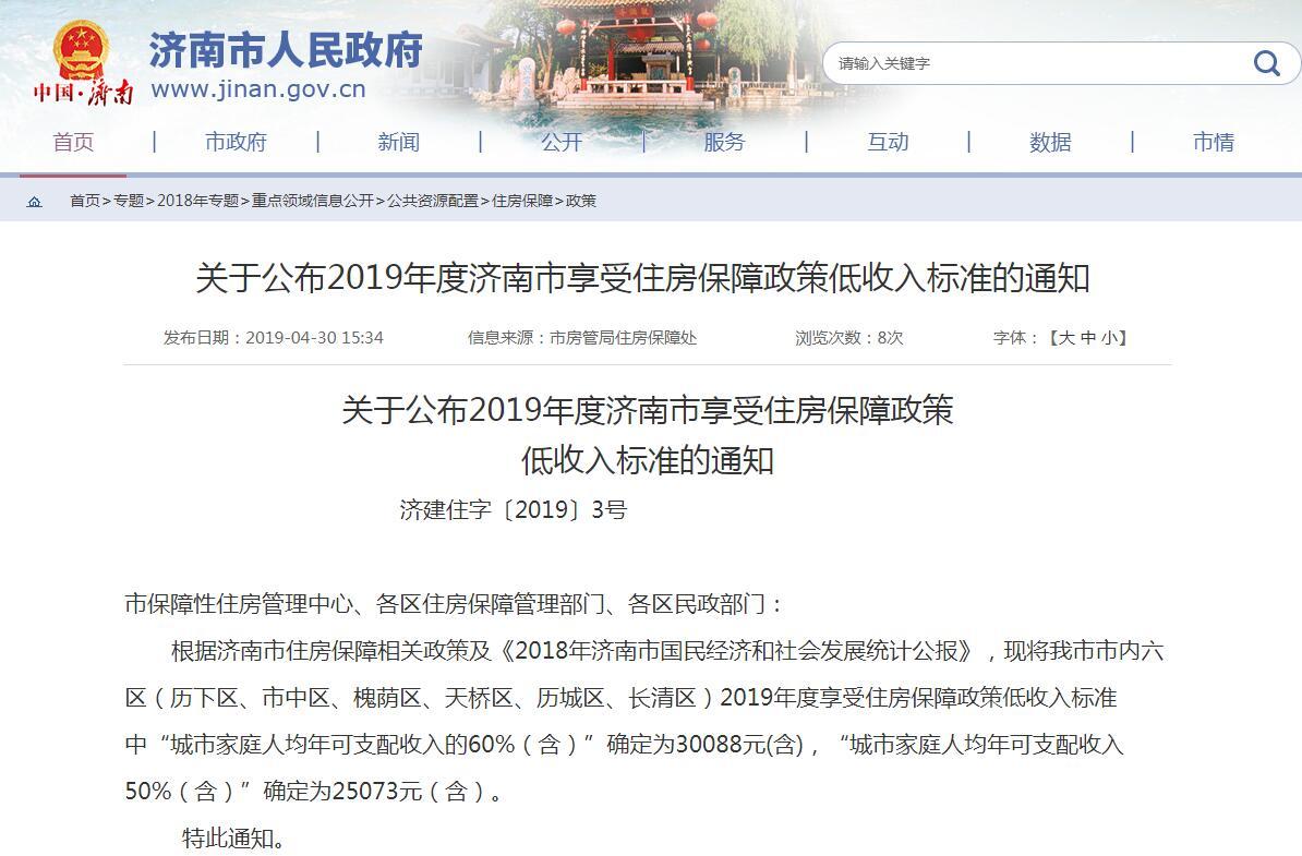济南公布2019年度享受住房保障政策低收入标准