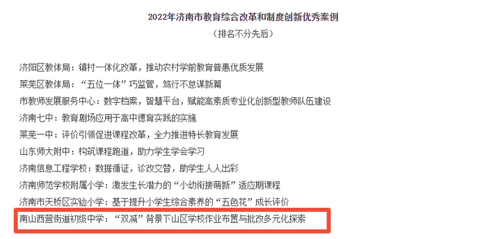 西营街道初级中学获评济南市教育综合改革和制度创新优秀案例