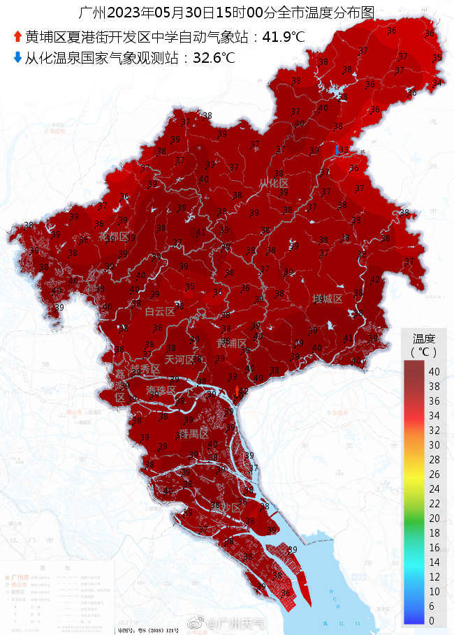 广州发布15时全市温度分布图，黄埔区一地达41.9℃