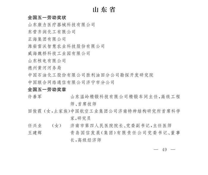 全国五一劳动奖和全国工人先锋号名单公布，山东这些集体和个人上榜