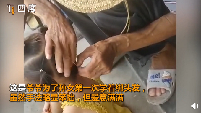 岁月静好！爷爷为孙女第一次尝试绑头发，手法略显笨拙但爱意满满