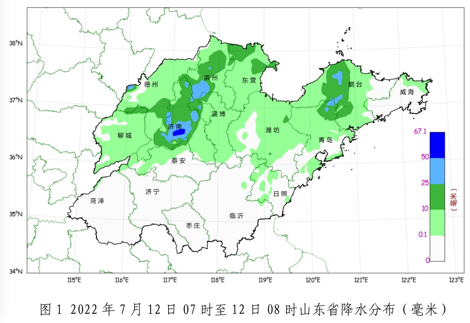 过去1小时山东82区县出现降，最大降水点出现在济南