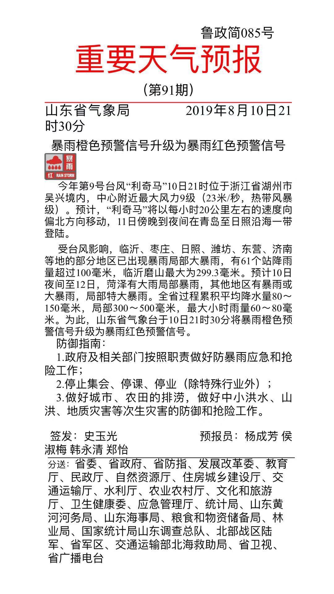 预警升级！山东省气象台发暴雨红色预警！