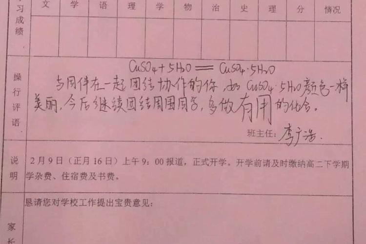 学渣被虐哭!化学方程式写评语怎么回事?又是别人家的老师