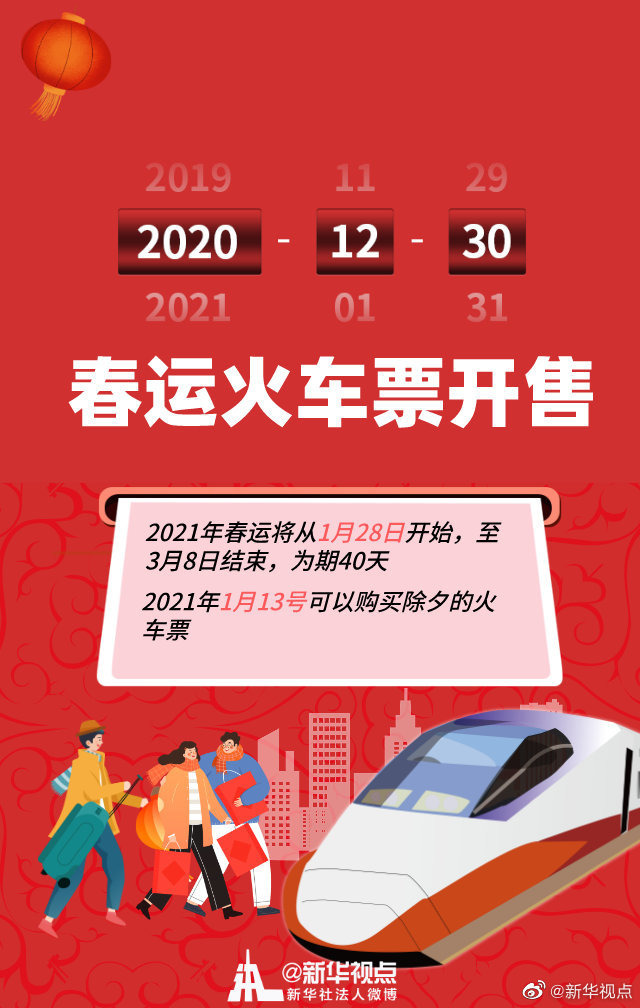 2021春运车票明起开售，至3月8日结束，为期40天