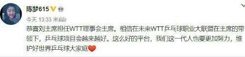 国乒众将齐贺刘国梁担任WTT理事会主席 网友：众望所归