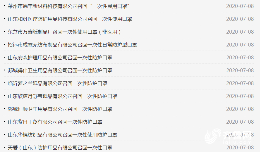 山东35家企业紧急召回37万多只口罩 因过滤效率不足