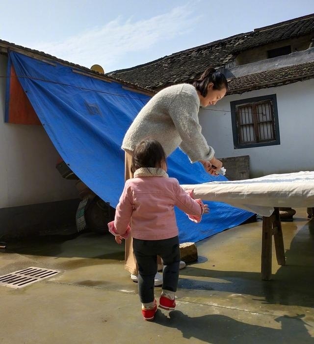 朱丹晒女儿背影照 侧颜呆萌可爱 菜地拔萝卜画风可爱