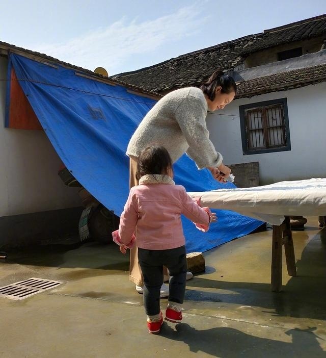 朱丹晒女儿背影照  侧颜呆萌可爱 菜地拔萝卜画风可爱