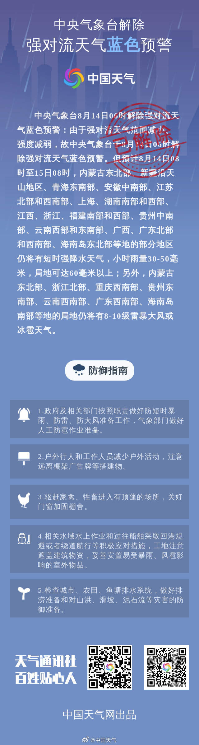 中央气象台解除强对流天气、暴雨蓝色预警