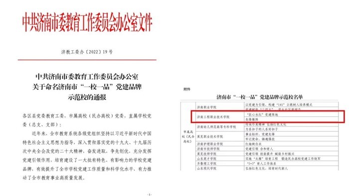 济南工程职院荣获济南市“一校一品”党建品牌示范校称号