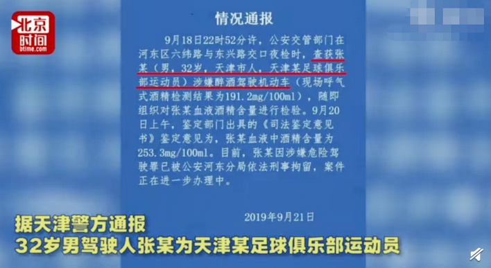 国足门将张鹭醉驾被拘，被查画面曝光！天津天海：停薪停训停赛