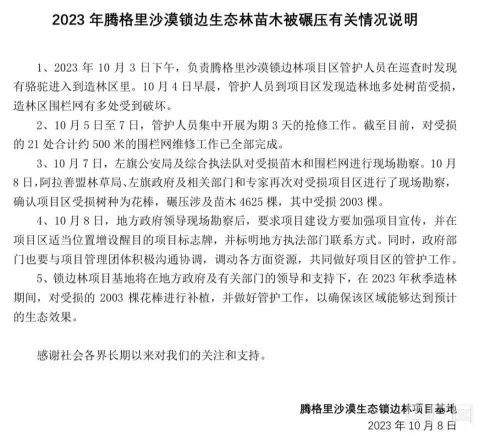 腾格里沙漠造林区治沙植物被车碾压，2000余棵需补种