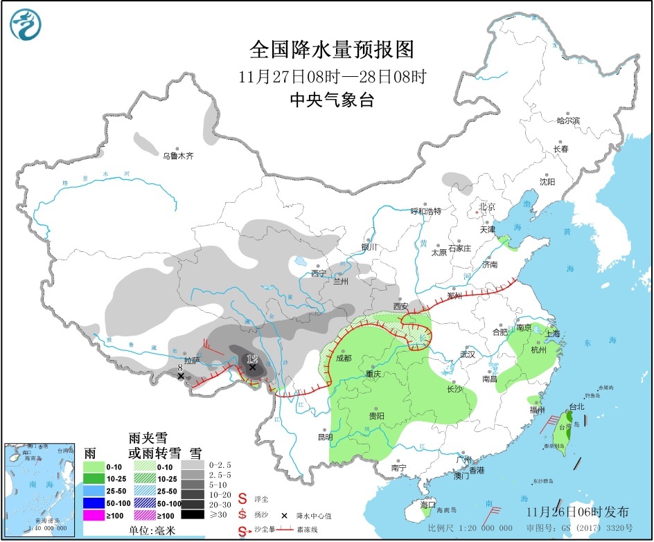 青藏高原新疆北部局地有较强降雪