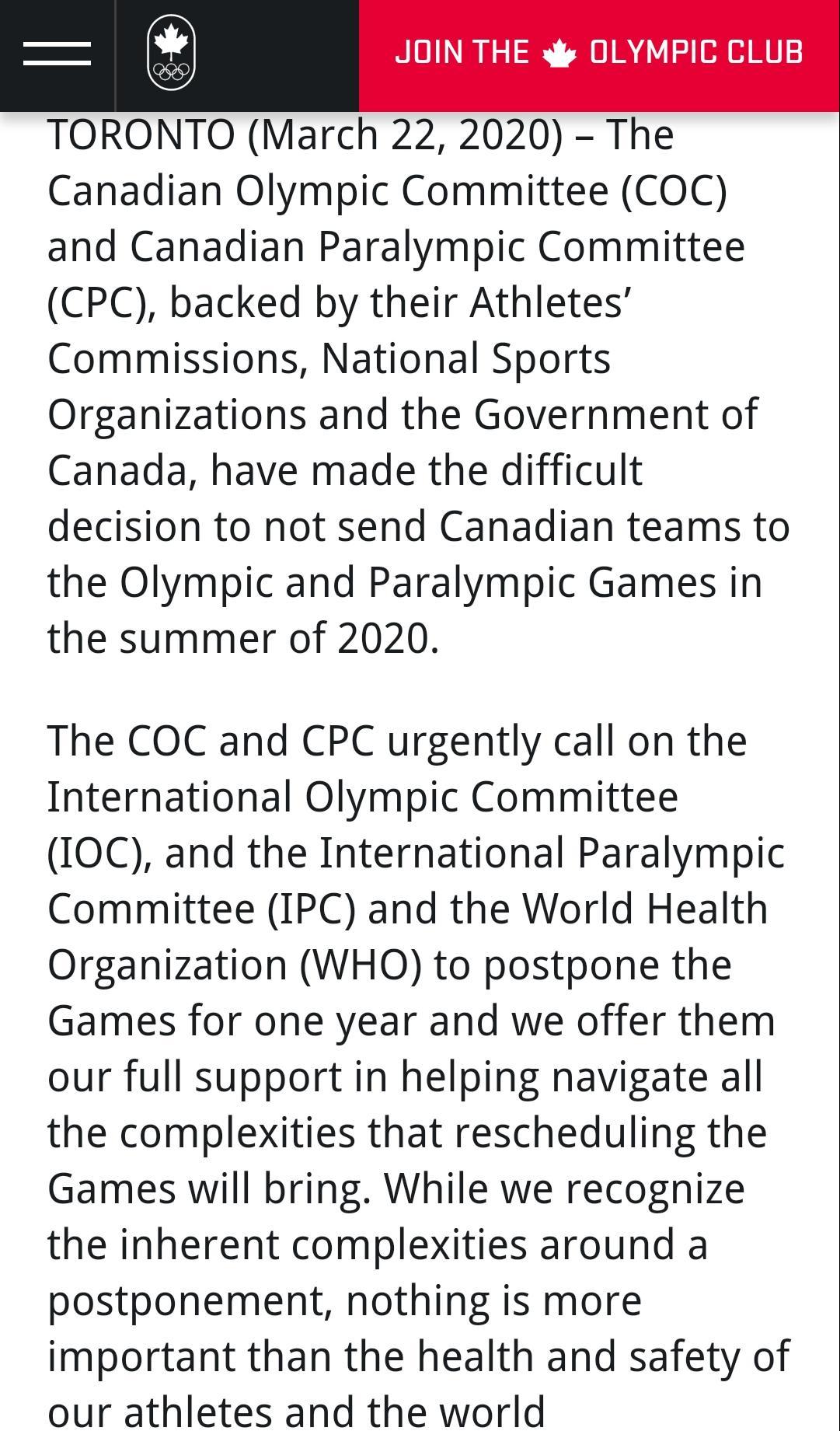加拿大奥委会：若东京奥运会不推迟将拒绝参赛