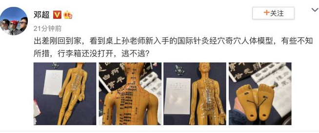 邓超看见孙俪的针灸人体模型 在线问网友“逃不逃”