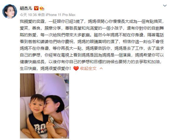 儿子|胡杏儿隔空为儿子庆生 豪门教育引人赞