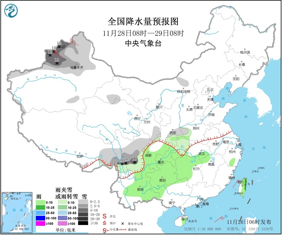 青藏高原新疆北部局地有较强降雪
