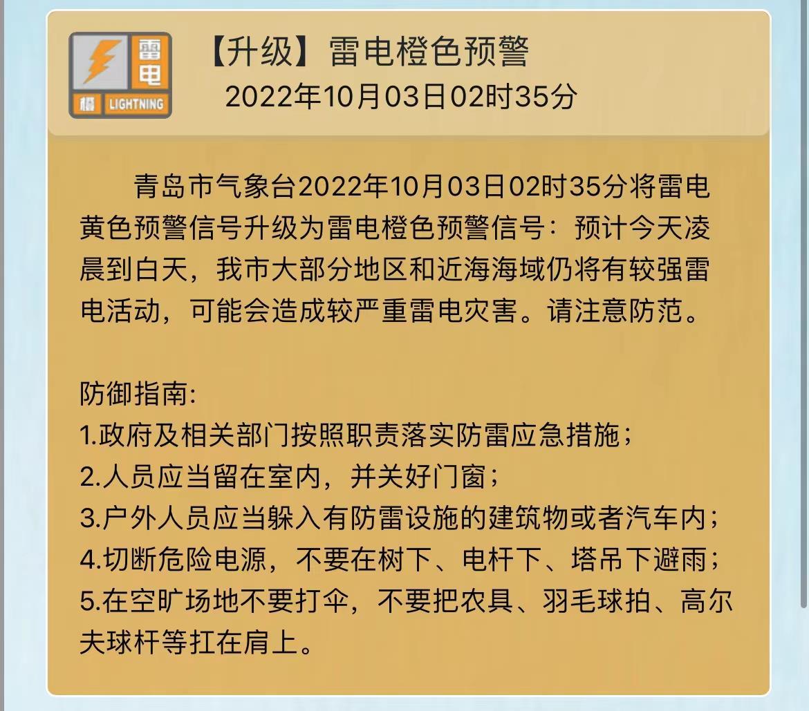 山东青岛市发布大风橙色预警信号、雷电橙色预警信号