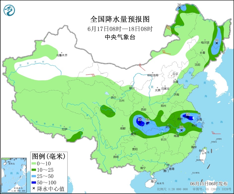 西北地区东部至长江中下游等地有较强降雨