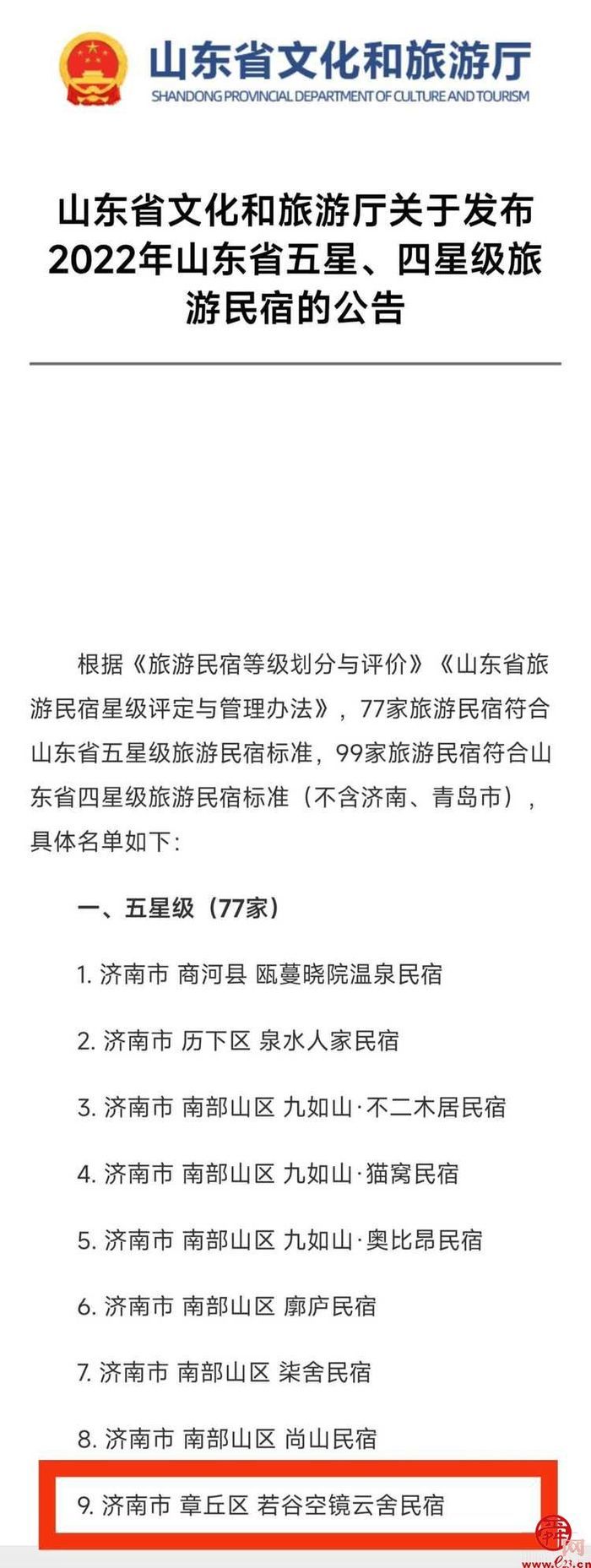 章丘区垛庄镇：五星级民宿再获全国大奖！