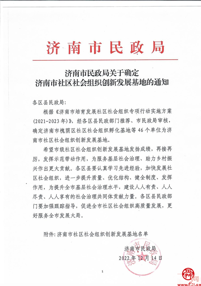【历下民政】喜报！历下区4家单位被评为济南市社区社会组织创新发展基地