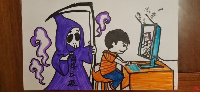9班张睿涵作品简介:通过这幅画来告诉人们要安全上网,防止沉迷于网络