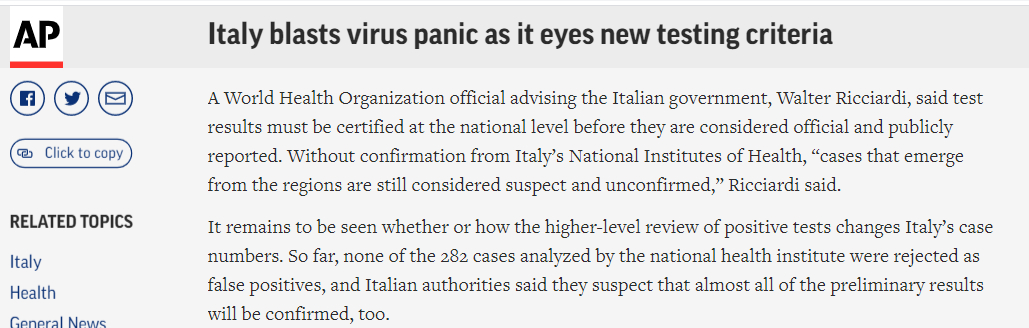 意大利突然对新冠病毒确诊标准作出重大调整……