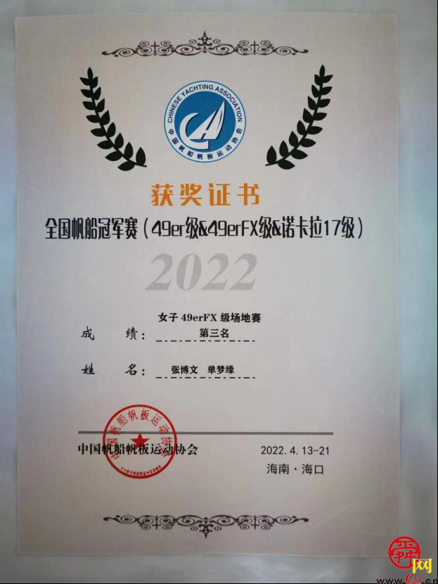祝贺济南籍运动员单梦缘在2022年全国帆船冠军赛中夺得两金一铜