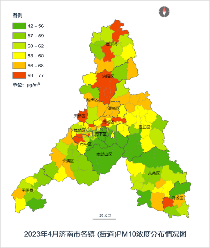 pm10浓度最高的是槐荫区腊山街道,济阳区回河街道,为77μg/m3,最低的